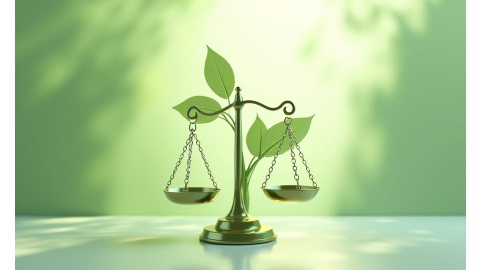 Stilisierte Justitia Waage und Gesetzbuch, umgeben von einem beruhigenden Blattmotiv, symbolisierend Rechtssicherheit im Wellness-Kontext.