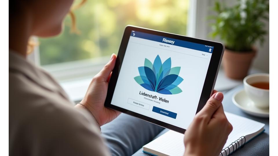 Ein Nutzer hält eine Tablet in den Händen, auf dem das Lebenskraft-Wellen Portal angezeigt wird, umgeben von Notizbüchern und einer Tasse Tee, symbolisierend aktive Teilnahme und Lernen.