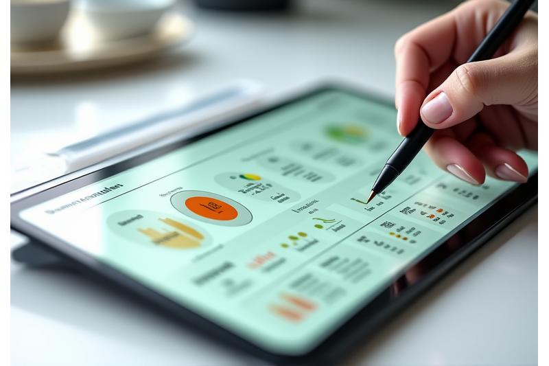 Ein Bildschirm zeigt ein digitales Diagramm mit personalisierten Gesundheitsdaten und Nährstoffempfehlungen, umgeben von Notizen und einem Stift, der den Fokus auf personalisierte Ernährungsstrategien legt.