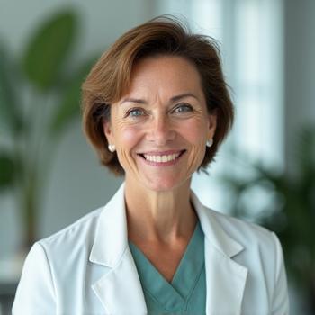 Porträt von Dr. Sarah Mueller, einer erfahrenen Ernährungsmedizinerin, mit einem warmen, professionellen Lächeln, das Kompetenz und Vertrauen ausstrahlt.