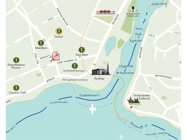 Eine stilisierte Karte von Hamburg, auf der verschiedene Punkte markiert sind, die Bio-Märkte, gesunde Restaurants und Veranstaltungsorte für Kochkurse und Community-Events anzeigen.