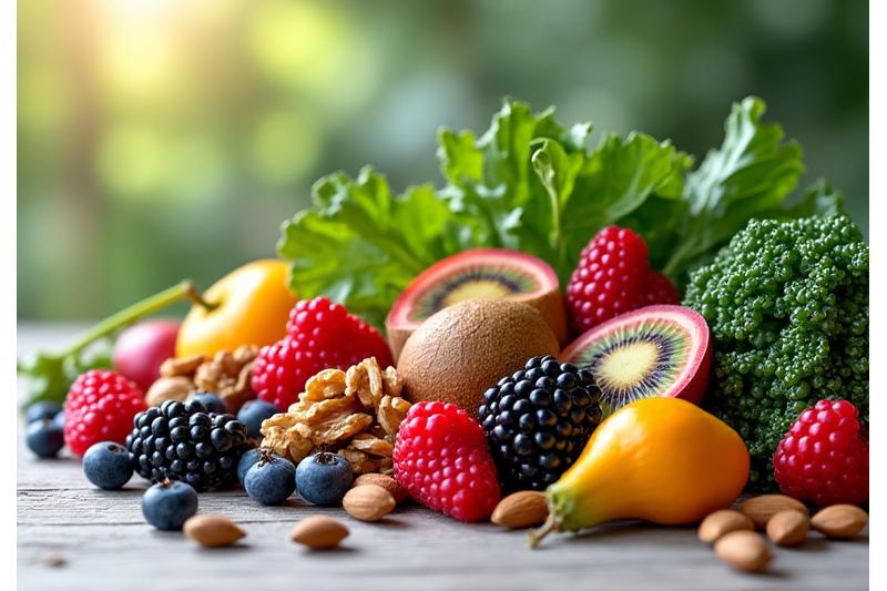 Eine reichhaltige Auswahl an bunten, frischen Superfoods wie Beeren, Nüssen, grünem Blattgemüse und exotischen Früchten, appetitlich angerichtet auf einem Holztisch, eingefangen in warmem, natürlichem Licht.