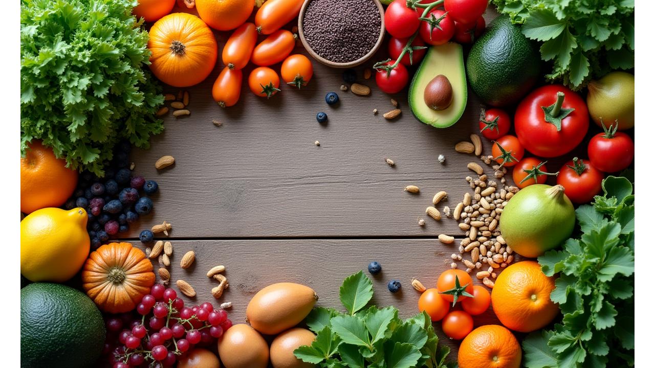 Eine bunte Auswahl an Obst, Gemüse und Superfoods auf einem Holztisch, symbolisch für gesunde Ernährung.