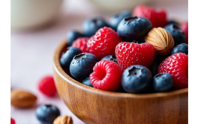Nahaufnahme einer Schale mit bunten, antioxidantienreichen Beeren und Nüssen.