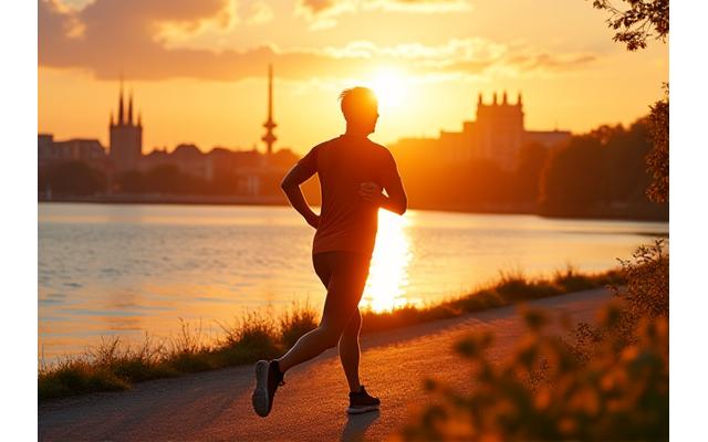 Eine Joggerin vor der malerischen Kulisse der Alster in Hamburg, im goldenen Sonnenlicht des Morgens.