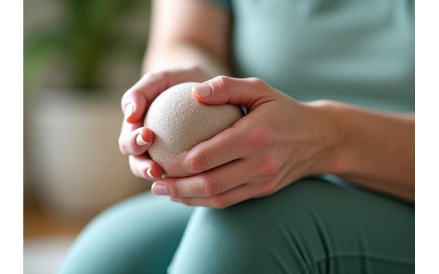 Ältere Hände halten einen Schaumstoffball, der gelenkschonende Übungen symbolisiert, mit Fokus auf die Hände.