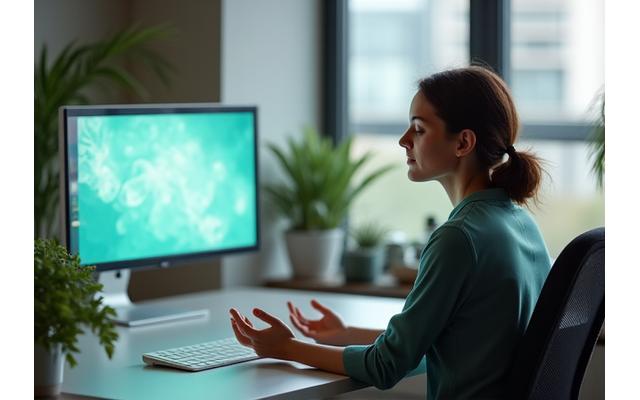 Eine Person meditiert ruhig an einem Schreibtisch in einem modernen Büro, die Augen geschlossen und Hände in Mudra-Position.