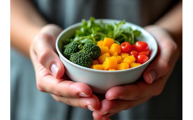 Eine Person hält achtsam eine Schale mit frischem Salat, der Fokus liegt auf Textur und Farben des Essens.