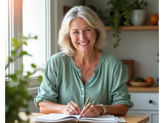 Frau in den 40ern, ausgeglichen und gesund, mit Fokus auf einem personalisierten Ernährungsplan