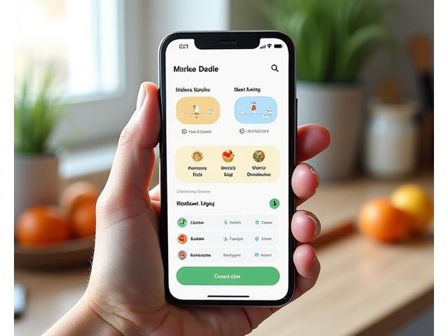 Ein Smartphone zeigt die Lebenskraft-Wellen App mit Funktionen für Habit-Tracking und Essensplanung.