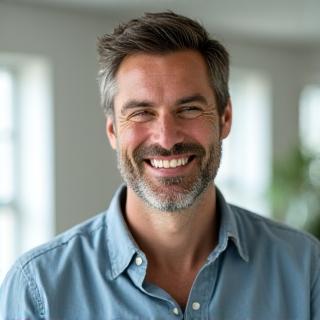 Marcus, 42, strahlt vor Gesundheit und Energie. Ein Vorher-Nachher-Bild, das seine körperliche Transformation zeigt.