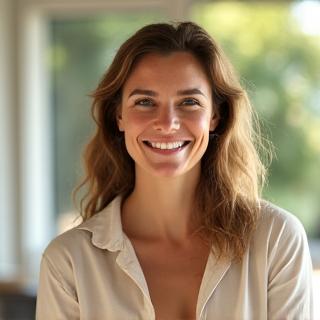 Petra, 38, lächelt entspannt und wirkt ausgeglichen. Das Bild fängt ihre innere Ruhe nach der Lifestyle-Anpassung ein.