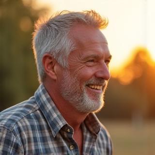 Thomas, 45, lacht zufrieden und gesund. Ein Bild, das seine verbesserte Vitalität und Freude am Leben darstellt.