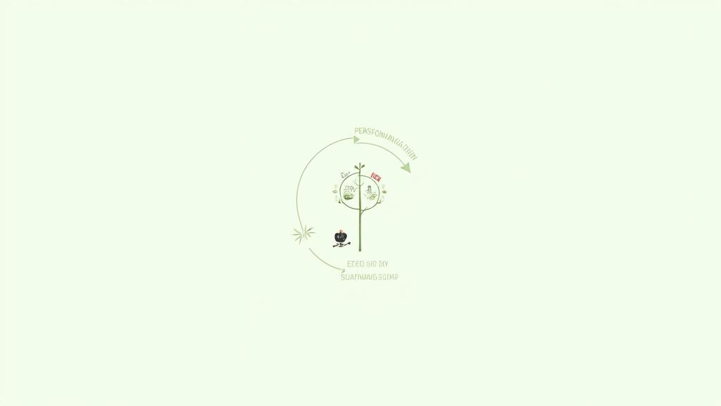 Infografik zur 4-Phasen-Transformation mit Zeitangaben und symbolischen Icons für Fortschritt und Erfolg.
