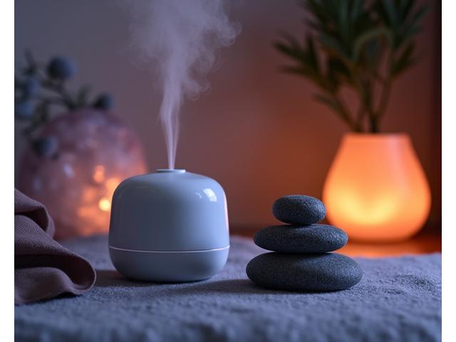 Ein friedlicher Meditationsraum mit einer Duftlampe, sanftem Licht und übereinandergestapelten Steinen, die Ruhe und Aura-Balance ausstrahlen.