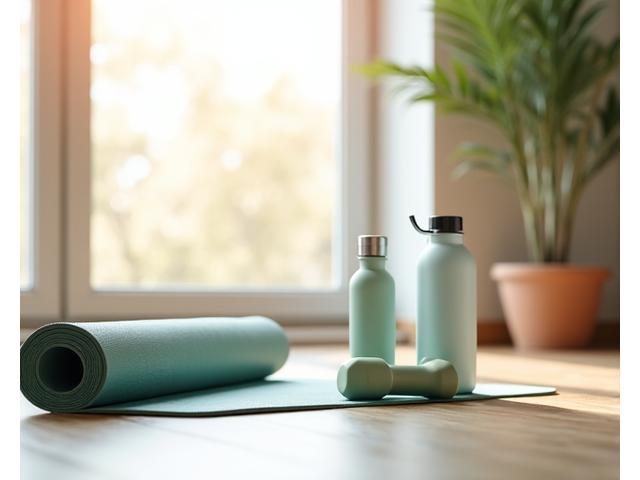 Minimalistisches Home-Gym-Setup mit einer Yoga-Matte, ein paar Kurzhanteln und einem Wasserflasche auf einem Holzboden in einem hellen Raum, symbolisiert Fitness und Wohlbefinden zu Hause.