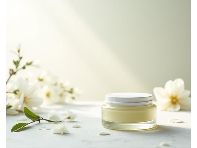 Eine Hand, die eine kleine, elegant verpackte Glasflasche mit einem Naturkosmetik-Produkt hält, umgeben von sanften, natürlichen Elementen wie Blütenblättern, Blättern oder getrockneten Kräutern auf einem weichen, hellen Hintergrund. Es vermittelt Reinheit und organische Schönheit.