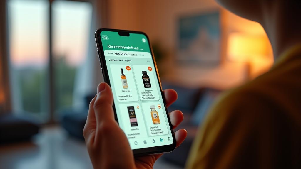 Eine moderne Smartphone-Oberfläche zeigt eine personalisierte 'Produktempfehlungen' Seite mit individuellen Vorschlägen, basierend auf Nutzerdaten, symbolisiert durch Diagramme, persönliche Avatare und Produktbilder. Das sanfte Glow fängt die intelligente und benutzerfreundliche Natur des KI-gestützten Empfehlungssystems ein.