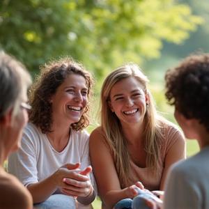 Lachende Menschen in einem Kreis bei einem Community-Event von Lebenskraft-Wellen